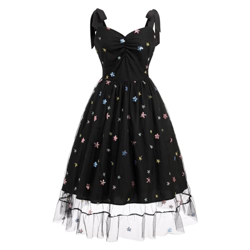 Image of IDOPIP Women 1950s Vintage Strawberry /Cherry /Sequin Star Print Cocktail Mesh Dress Self Tie Straps Retro Wedding Guest Dress