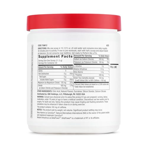 Image of GNC Pro Performance Pre Workout Powder for Men and Women, Energy, Hydration, and Focus, Sugar Free, Gluten Free, Performance Supplement, Blue Raspberry, 30 Servings