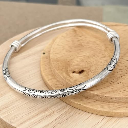 Sterling Silver Thick Solid Handmade Boho Bangle Bracelet, Adjustable to 7" - 8.5",With Symbolic Engravings, Ethnic Tribal Rounded Bracelet Bangle for Women or Men, Gift for Her or Him3