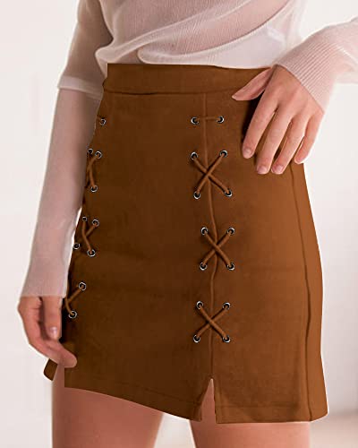 Image of MANGOPOP Mini Faux Suede Skirt for Women High Waist Skirts, Brown, X-Small