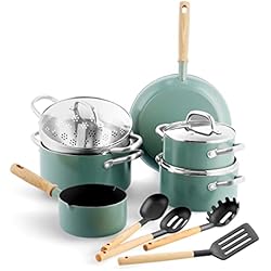 Cacerola De Madera GreenPan Mayflower Juego de 13 Ollas y Sartenes de Cerámica Antiadherente, Incluye Sartenes, Cacerolas, Ollas, Tapas, Colador, Mango de Madera Vintage, Sin PFAS, Inducción, Azul ahumado