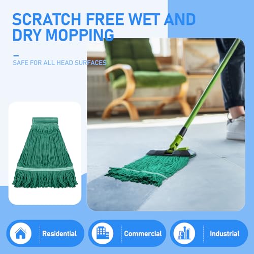 Image of 6 Pack Commercial Mop Heads Heavy Loop End Cotton String Mop Head Replacements Reusable Green Mop Replacement Heads Wet Mop Refill for Floor Cleaning Industrial Commercial Home Cleaning