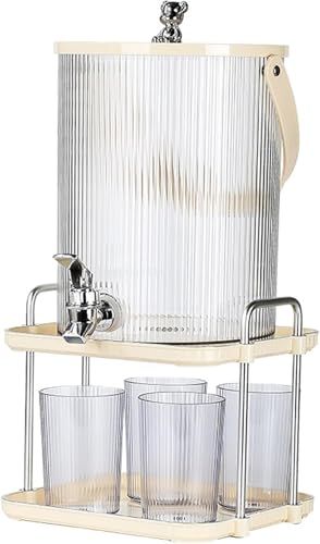 【AZIEBAY】ガラス製ドリンクディスペンサー|蛇口&ハンドル付き冷水筒 3.5L/5L|冷蔵庫対応・広口設計で氷やフルーツもそのまま投入可能|麦茶・ジュース・お茶ポットに最適|蓋付き大容量ピッチャー|家庭用・来客用・パーティーに安心便利 (5.0L+ラ