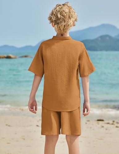 Image of Arshiner Boy's 2 Pieces Linen Sets Short Sleeve Henley Shirt and Shorts Summer Beach Matching Outfits 4-12 Years