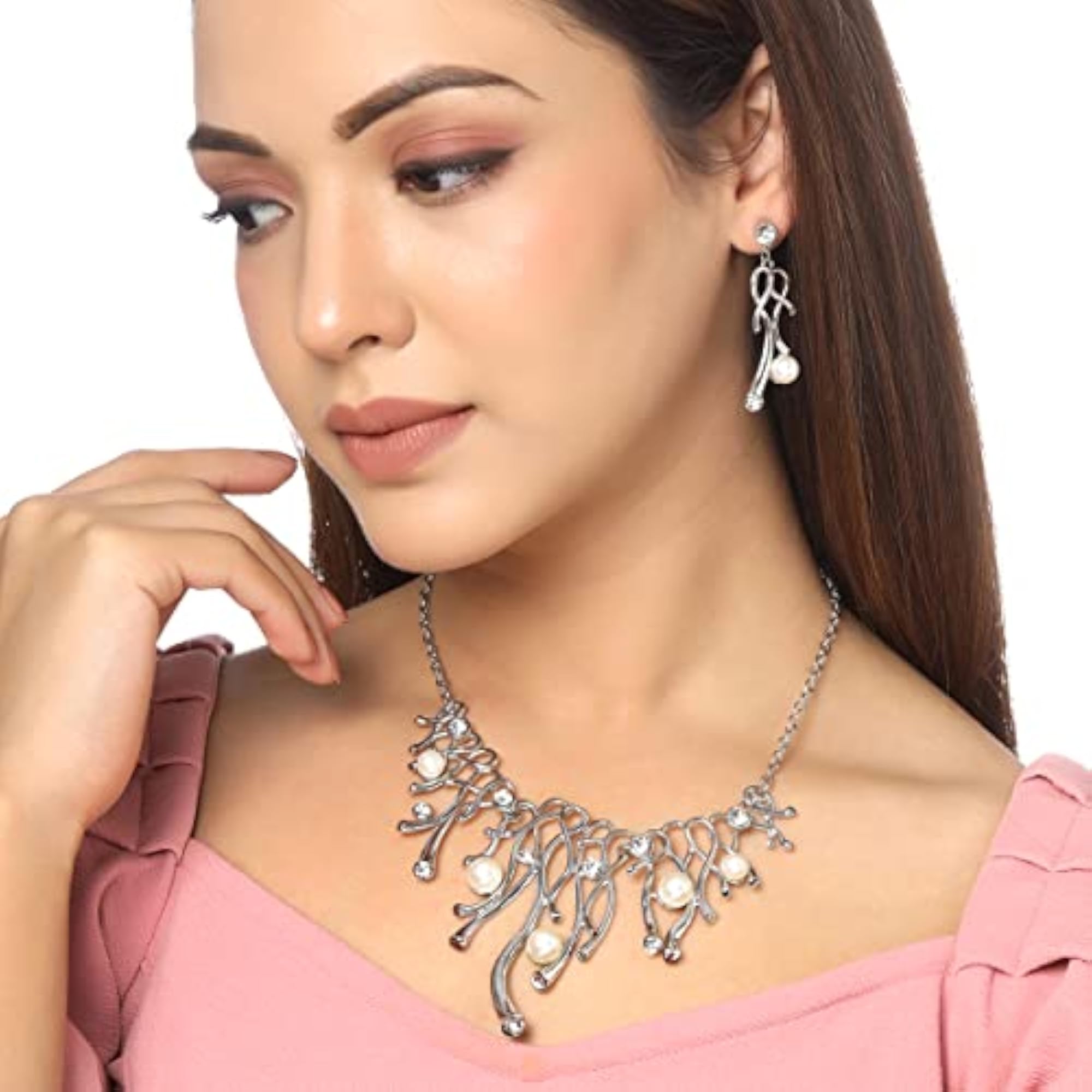 Toned Pearl Studded Necklace Set with Earrings, Elegant Gift