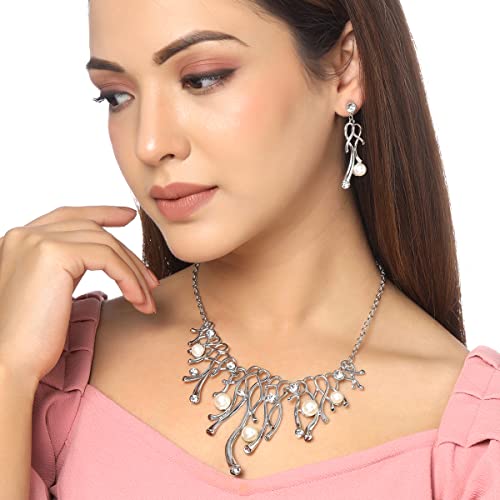 Toned Pearl Studded Necklace Set with Earrings, Elegant Gift