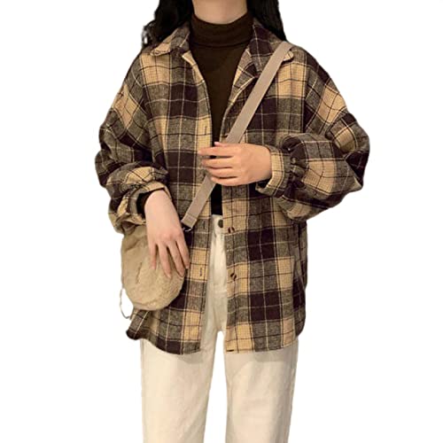 Harajuku Shirts Women's Cardigan Retro Spring And Autumn Women's Plaid Shirts Loose Korean Fashion Tops(Yellow,Xxl) #TOP5