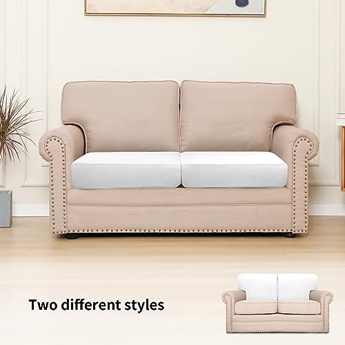 Image of Easy-Going Stretch 2 Pieces Loveseat Couch Cushion Cover for 2 Seat | Individual Furniture Protector Sofa slipcover for 2 Cushion Couch Washable Soft with Elastic Bottom Snow White
