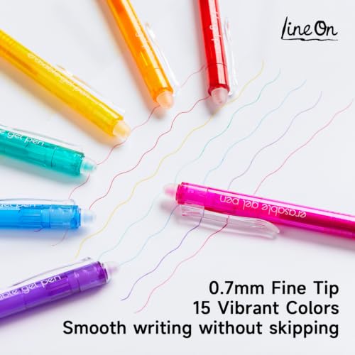 Image of Lineon Erasable Gel Pens, 15 Colors Retractable Fine Point Erasable Pens Clicker for Back to School, Assorted Color Inks, Make Mistakes Disappear for Drawing Writing Planner and Crossword Puzzles