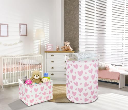 Image of NTAOHAMPER Pink Heart Laundry Hamper, Laundry Basket, Girls Nursery Hamper,Waterproof Storage Bin for Bedroom,Clothes Organizer Basket, Room Decor(Pink Heart)