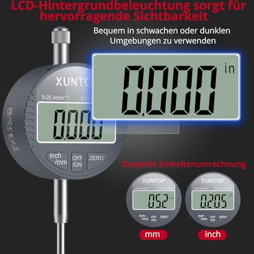 XUNTOP Magnetfuß Digitale Messuhr Mikrometer mit Universeller Magnetfuß 0~25.4 mm LCD-Anzeige Imperial/Metrisch für Labor Werkstatt