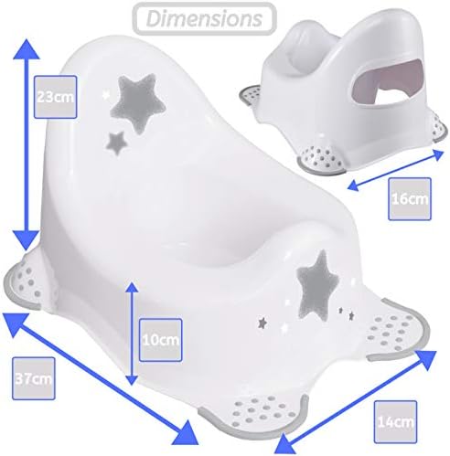 Babycurls Steady Potty with Non Slip Grip Feet Silver Stars - Easy to Clean Loo Training for Kids Toddlers Infants Practical Lightweight and Portable with High Back and Carry Handle (White)