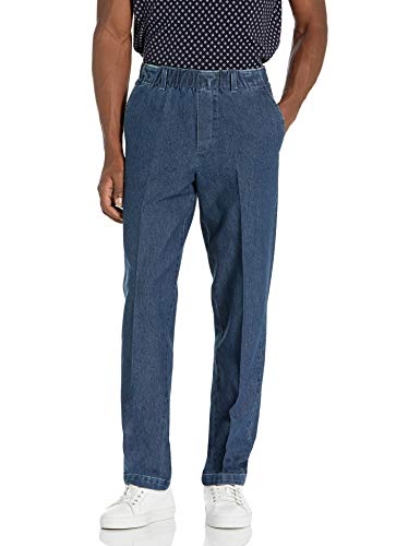 HAGGAR Men's Free -Denim No Iron Classic Fit Flat Front Full Elastic Pant, Medium Wash, 44 X 29