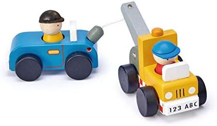 Tender Leaf Toys Tow Truck - Wooden Yellow Tow Vehicle with A Blue Car and 2 Peg Doll Drivers