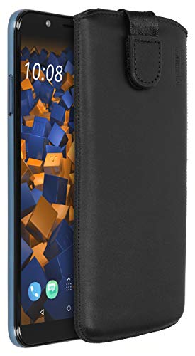 mumbi Bolso de cuero real compatible con HTC U12 Life, (Pestaña con función de retracción, auxiliar de extracción), negro
