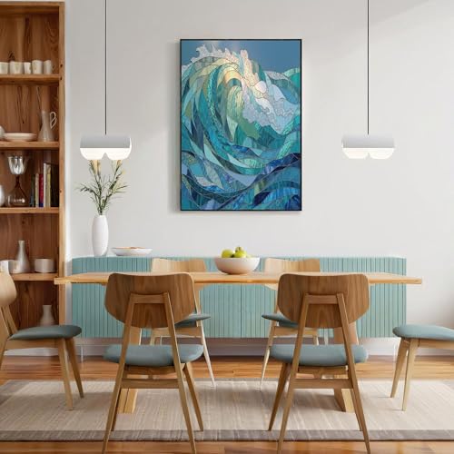 Cuadros decoracion salon para paredes vacias, lienzo de ondas Ukiyo-E en turquesa y neutros