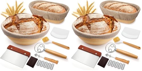 Image of Sourdough Proofing Basket Gift Set, 9 inch Round and 10 inch Oval Banneton Bread Baking Supplies, Sourdough Baskets with Bread Lame, Danish Whish, Bowl Scraper, Sourdough Scraper, and Linen Liner (Pack of 2)