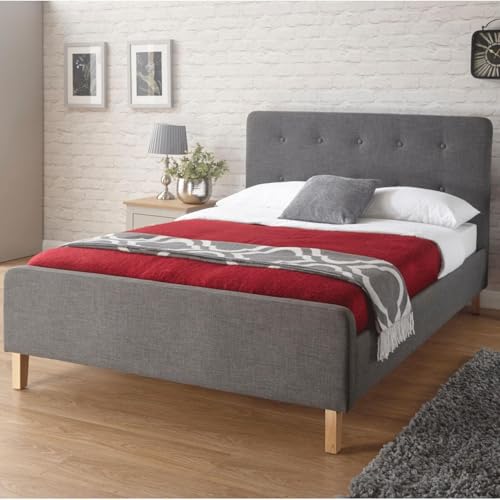 Home Source Modern High Headboard, Buttoned Grey Fabric, Light Oak Effect Legs, Double 4ft 6 Bed Frame