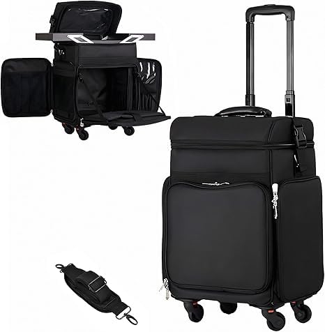 Rolling Makeup Case,Makeup Case Organizer with 2 Trays and 4 Removable Silent Wheel, Large Capacity Trolley Makeup Travel Case,Suitable for Makeup, Hairstylist and Nail Salon, Black-image-6
