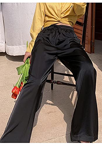 Snoly Women's Summer Ice Silk Pants High Waist Wide Leg Full Length Loose Casual Sweatpants (Black, Large, L) #TOP3