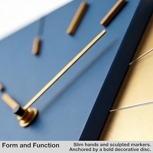 Image of Driini Blue and Gold Mid Century Modern Wall Clock, Battery Operated | Square MCM face with a minimalist midcentury look. Contemporary decorative analog design for kitchen, office or living room
