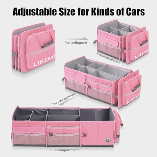 Image of LIBZAKI Oversize 4 in 1 Car Trunk Storage Organizer, Multi Compartment Collapsible Trunk Storage Box with Cooler Bag for Car Truck SUV-Pink