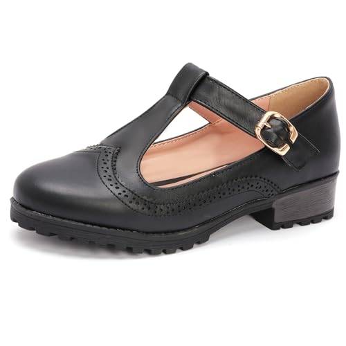 Odema sapato social feminino oxfords bico redondo fivela cinto sapato social, Preto, 7