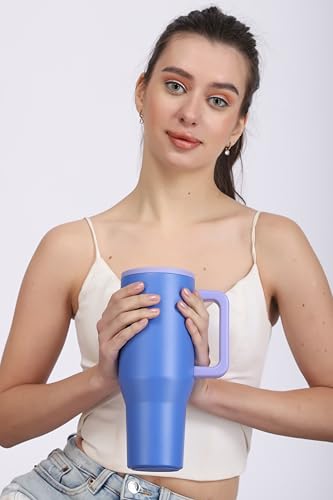 Image of House of Quirk 1200ML Tumbler with Handle & Simple Flip Straw - Car Cup Holder Friendly, Leak Resistant Stainless Steel Water Bottle with Rubber Base (Blue /Grey)