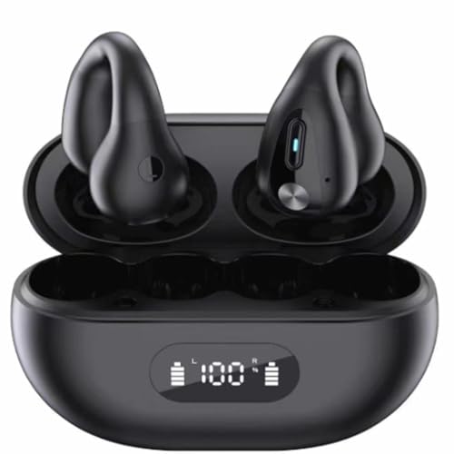 REVGOZU Wireless Ear Clip Bone Conduction Headphones, Open Headphones Bluetooth, Bluetooth Earphones for Running, Sports, Cycling (Black Battery Display)