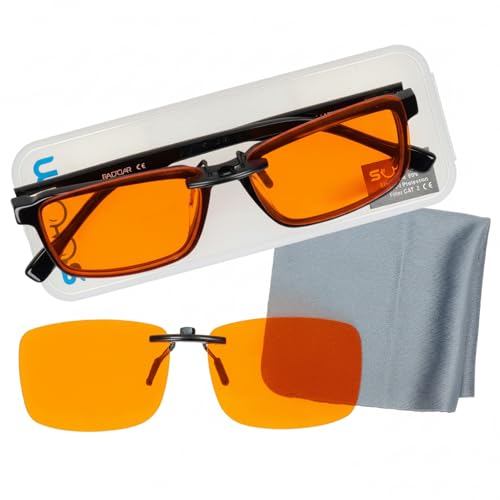 SUUM co. Clip-On de Pinza Fija Filtro Luz Azul para Gafas - Lentes Naranja Antifatiga para Pantallas y Lectura - Clip Luz Azul para Gaming y Trabajo con Estabilidad Total - Filtro Gafas con Pinza