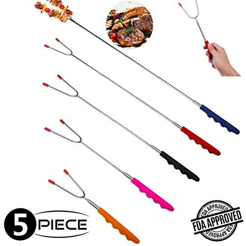 MMtong Marshmallow Roasting Sticks 5 Pack Extra Long 45â€™â€™ Stainless Telescoping Hot Dog Smores Skewers Kids Safe Barbecue Forks for Campfire, Bonfire and Grill