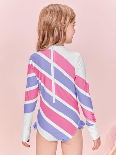 Image of Girls Long Sleeve One Piece Swimsuit Kids Multicolor Rash Guard Zipper Bathing Suits 5-14 Years