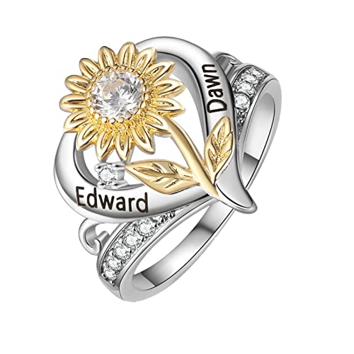 10K/14K/18K Gold Personalized Sunflower Rings with 1-5 Birthstone Customized Engraved Name Sunflower Birthstone Ring for Birthday, Anniversary, Thanksgiving, Graduation Gemstone Jewelry Gift for Mom, Friend, Family, Wife