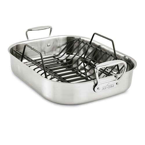 Comparison: Best Stainless Steel Roasting Pan 3 All-Clad Specialty Stainless Steel Roaster and Nonstick Rack 16x13x5 Inch Oven Broiler Safe 600F Roaster Pan, Pots and Pans, Bakeware, Turkey, Silver