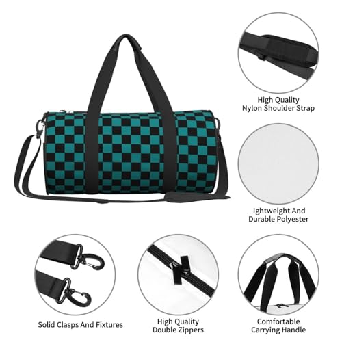Large Duffle Bag for Travel - Black And Teal Checkerboard Gym Bag for Women Men, Foldable Travel Bags for Women Men with Zippered Multiple Pockets3