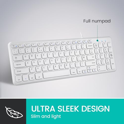 Perixx PERIBOARD-213U Quiet USB Wired Keyboard, Compact Design with Number Pad, Slim Chiclet Keys, Media Control Hotkeys, Space-Saving for Office/Home, UK QWERTY Layout, White - Image 2