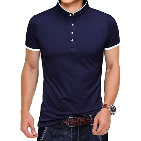 Men's Polo Shirts Short Sleeve T Shirt Grandad Collar Shirt Plain Classic Golf Tennis Polo Tee Cotton Fashion Business T-Shirts Blue L Cover