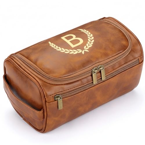 CGFN Neceser para hombre, regalos personalizados para hombres, bolsa de aseo personalizada de piel sintética para hombre con inicial, bolsa de aseo colgante para Navidad, regalos de cumpleaños, marrón