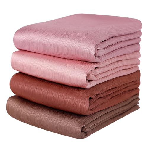 Febfim 4PCS Muslim Women Natural Wrinkle Long Satin Crepe Hijab Set Scarves Smooth Crinkle Ladies Shawl Wrap Set (Color 3)