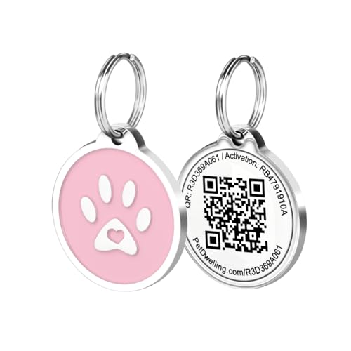 Pet Dwelling QR Pet Tag Easy Scan Instant Location Alerts Online Pet Profile with AI Feature for Dogs & Cats (Pink Paw)