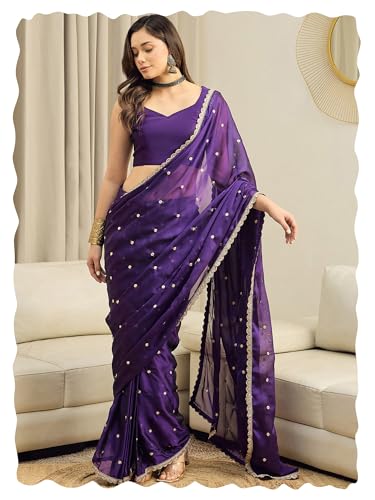 Image of AKHILAM Women's Shimmer Pure Georgette Embroidered Ready To Wear one Minute Saree With Unstitched Blouse Piece
