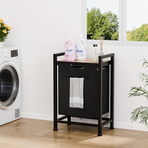 Sweetcrispy Wäschesammler mit Rollen, Wäschekorb 1 Fach, 56 L, mit Ablage, abnehmbarer Wäschesack, Wäschewagen für Waschküche/Bad, Schwarz