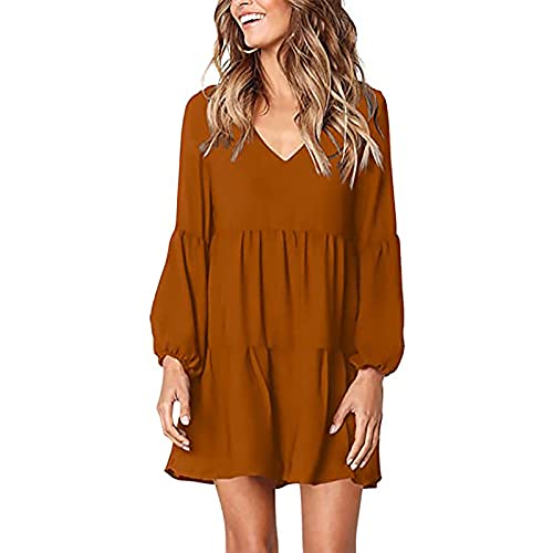 Women Babydoll Dress Lantern Long Sleeve V-Neck A-Line Flowy Dresses Summer Casual Shift Dress Vestidos(Brown,L)