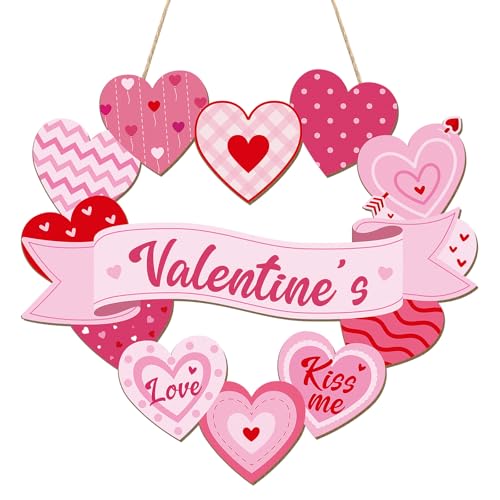 Sophena Wooden Valentines Day Door Wreath for Front Door Sign Heart Wall Signs Valentine Decoration, Sign Welcome Hanging Crafts for Home Farmhouse Wall Decor Party Outdoor indoor Supply Heart
