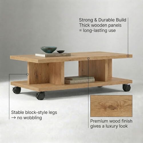 Image of FFO T Shape Center Table with Wheels | 80x50x45 cm Wooden Coffee Table | Modern Living Room Tea Table with Storage Shelf | Engineered Wood Center Table for Home & Office (Oak Finish)