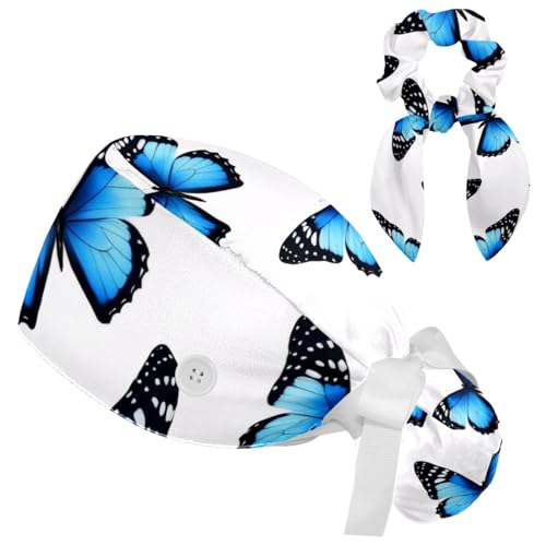 Image of Colored Butterflies Scrub Caps Women Ponytail, Adjustable Bouffant Surgical Caps with Button, Nurse Hats Long Hair