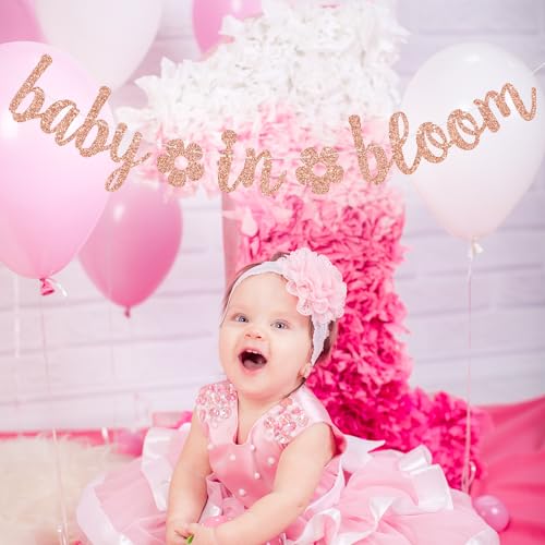 Image of Baby in Bloom Banner, Floral Theme Baby Shower Decorations, Spring Baby Shower Gender Reveal Pregnancy Announcement Party Decorations, Rose Gold Glitter