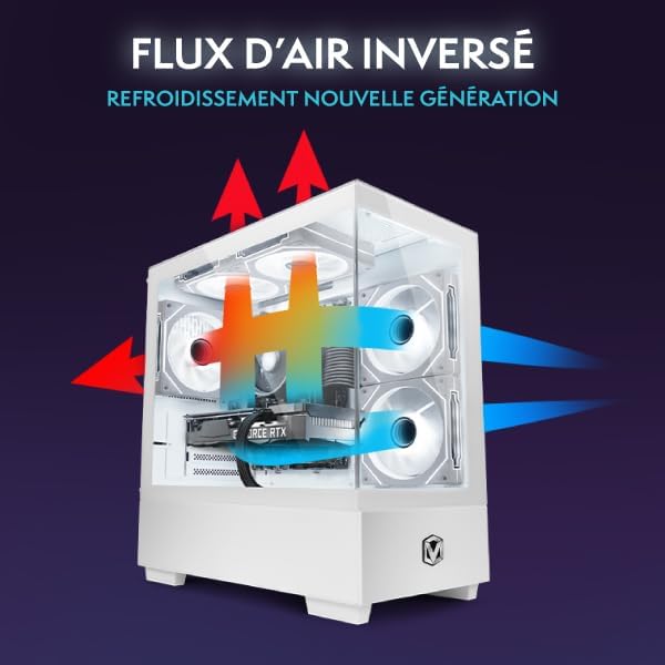 Diagram showing airflow within the Vibox V-178 PC case, with cool air entering from the front and bottom, and warm air exiting from the top and rear.