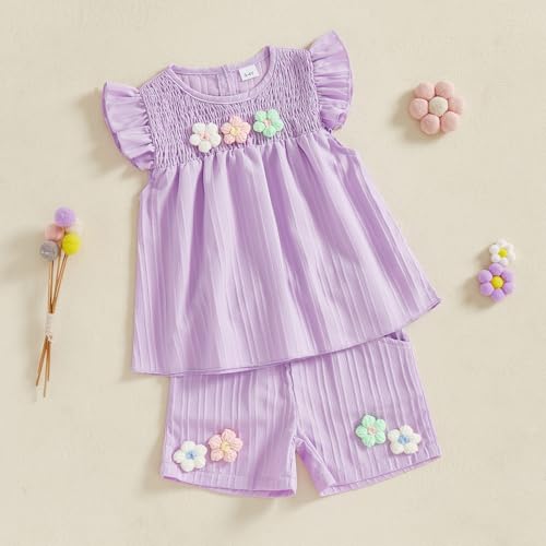 Toddler Baby Girl Clothes Knit Floral Fly Sleeve Tops Shorts Cute Summer Spring Outfits Infant Clothing Set3