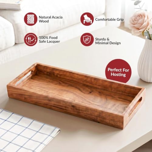 Image of Nestasia Wooden Serving Tray with Handles (41x16cm) - Acacia Wood Rectangular Brown Tray for Dining & Coffee Table | Platter for Serving Tea, Cakes, Snacks, Breakfast & Home Decor (Warm Honey-Brown)